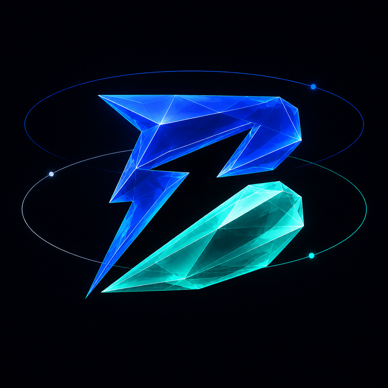 Bitano symbol in cobalt and aqua crystal surrounded by orbital paths